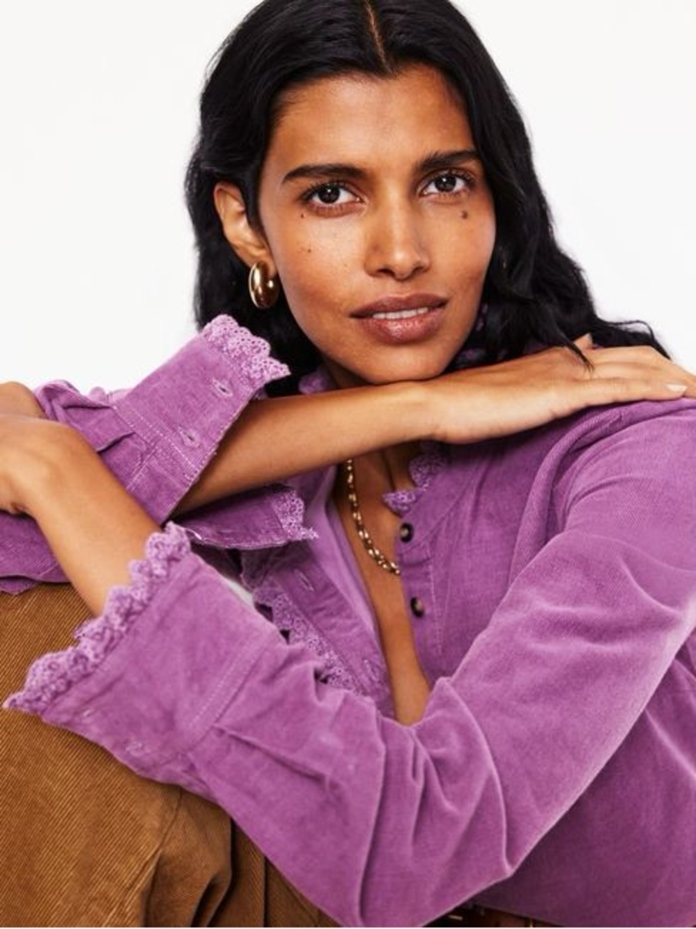 Boden Phoebe Purple Corduroy Ruffled Button-Up Shirt